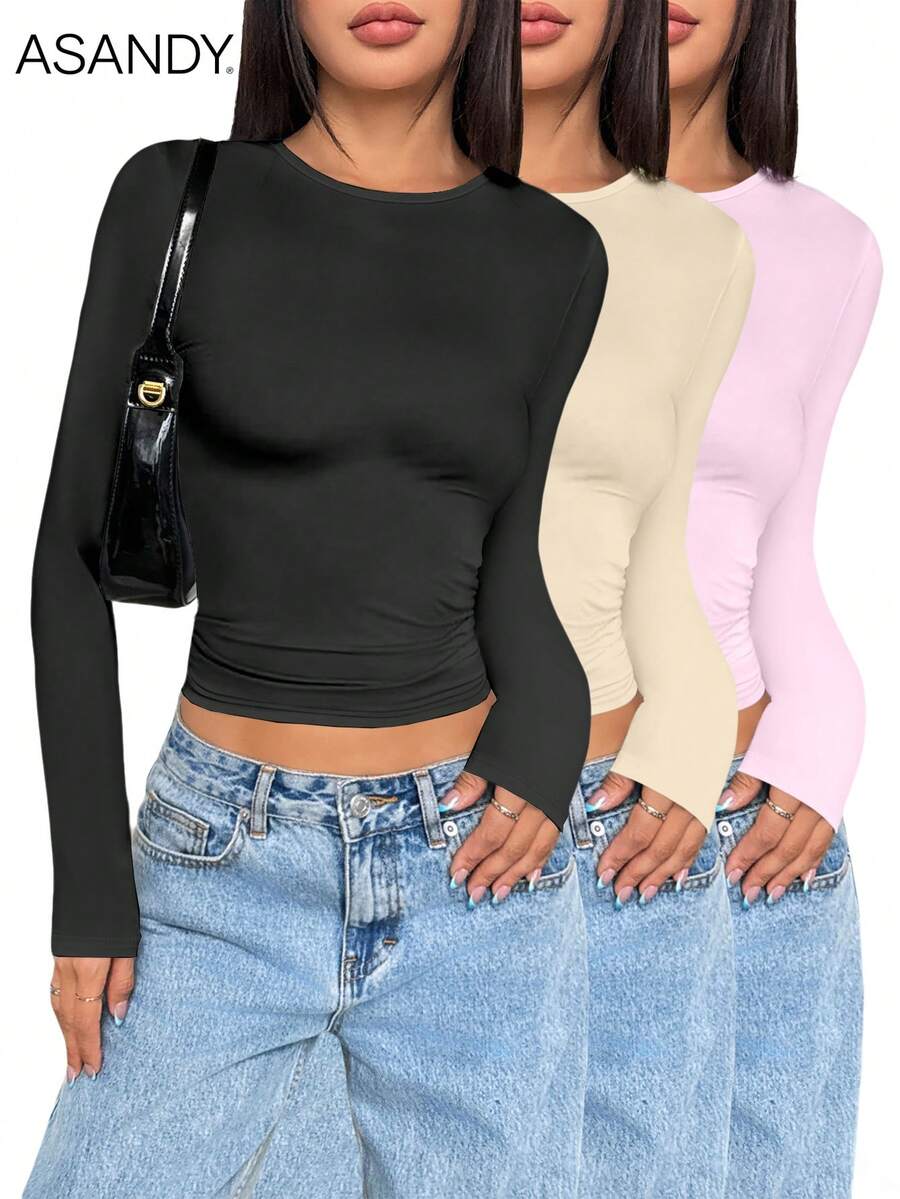 3 件套女士圆领长袖纯色 T 恤，修身休闲套头衫，春秋季 - 彩色 - 查看 1