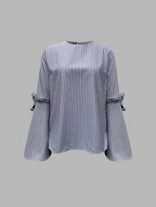 Women's Striped Fabric Bow Flared Sleeve Ruffle Hem Elegant Casual Blouse, Suitable For Travel, Daily, Office, Teacher - Blue - View 3