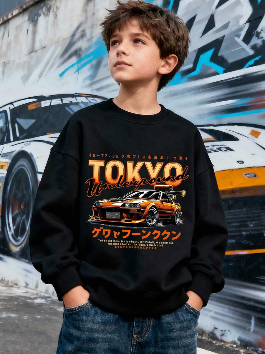 青少年男孩时尚赛车图案印花,休闲风格,圆领卫衣,适合秋冬季节、日常穿着、派对、上学、参加音乐节、度假、通勤。 - 黑色 - 查看 1