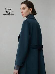 100%纯羊毛双面大衣，2025新款时尚系带羊毛长款大衣，保暖女士冬季外套，优雅女士冬季外衣 - 水鴨藍 - 查看 4