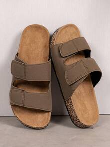 男女通用夏季拖鞋，时尚双带字母装饰拖鞋，简约风格，柔软软木鞋底，舒适透气，适合户外和海滩穿着。 - 駝色 - 查看 5