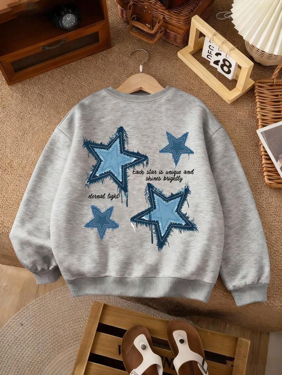 少女星结图案休闲圆领卫衣。秋冬新款。适合学生购物、度假或聚会时穿着