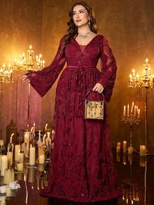 XUIBOL 女士酒红色优雅长款正式连衣裙，大码，带亮片刺绣细节和常规袖子 - 酒紅色 - 查看 13