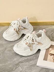 女士紫色字母拼接厚底运动鞋，正面系带设计，百搭休闲舒适户外跑步鞋 - 米色 - 查看 5