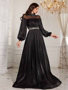 Đầm dạ hội maxi dáng ôm UNITHORSE dành cho nữ, cổ đứng, tay phồng, đính sequin và phối nhiều mảng vải, chất liệu giả lyocell, thích hợp làm đầm cô dâu, đầm dự tiệc, đầm tốt nghiệp và đám cưới. - màu đen - Xem 4