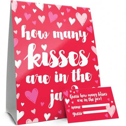 Valentine Party Game - How Many Kisses Valentine Hearts Game - 1 Flag And 30 Guessing Cards