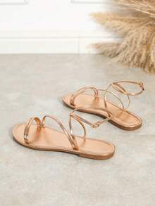 Women's Fashion Comfortable Round Toe Criss-Cross Strap Casual Versatile Strap Flat Sandals, Spring/Summer - Champagne - View 7