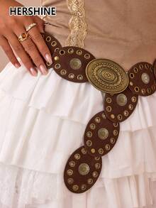 Hershine 1pc Western Cowgirl Boho Style Women's Belt, Boho Belt, Western Belt, Gothic Velvet Patchwork Belt, Women's Fashion Accessory, Autumn/Winter Coffee & Antique Bronze Floral Oval Buckle Belt, Dress Accessory, Suitable For Party, Beach, Music Festival - Brown 3 - View 6