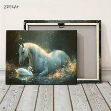 Arte de pared en lienzo 2D plano, elegante de caballo blanco y cisne - pintura clásica con marco de madera, colores pastel serenos (beige, azul, verde, dorado) - decoración para el hogar interior/exterior - transparente - Ver 3