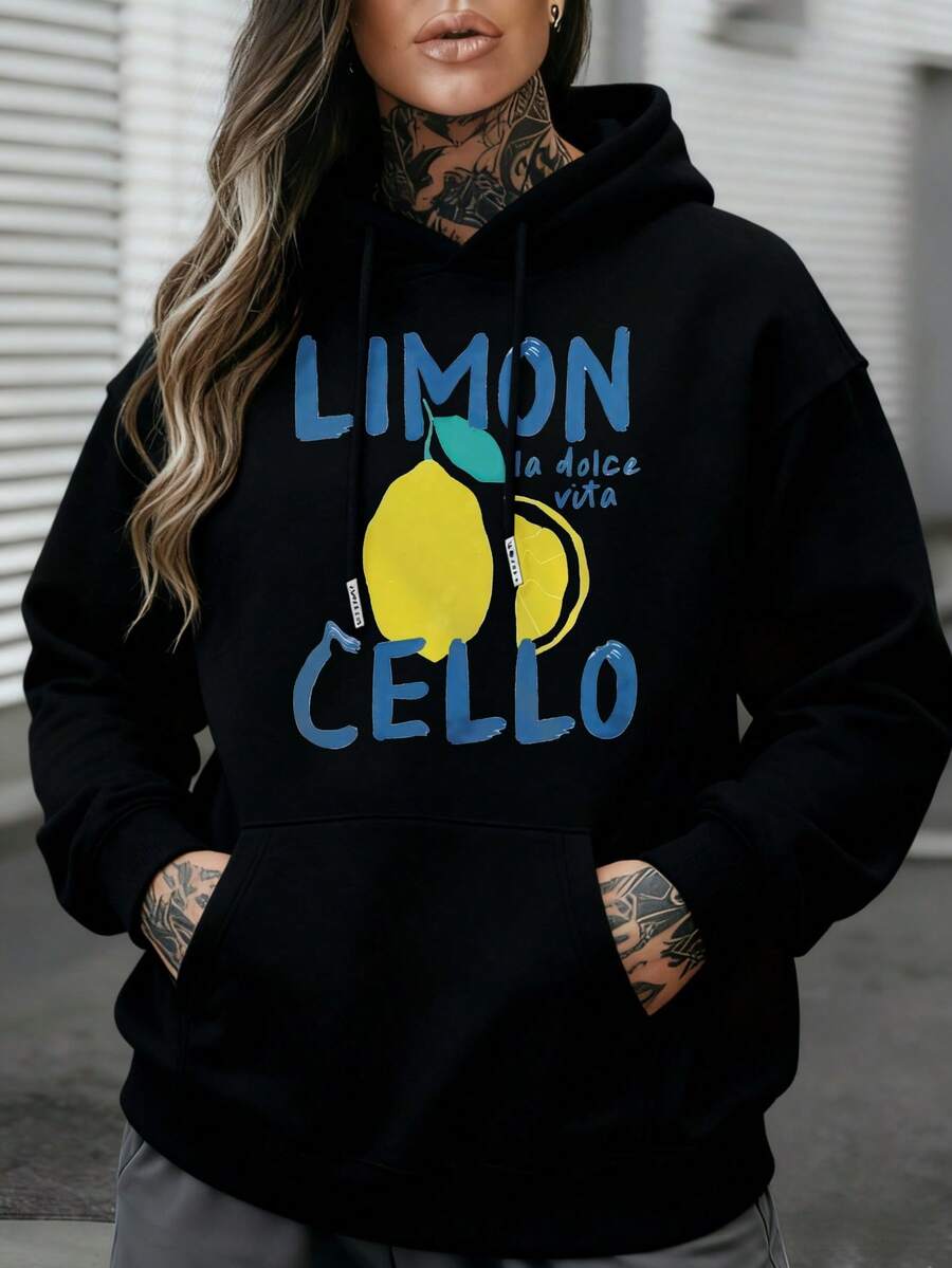 Women Hoodie Casual Loose Fit Black Lemon Print La Dolce Graphic Sweatshirt Long Sleeve Pullover Top Everyday Wear Winter Clothes Women Fall Clothes Women Hoodies Outfit Women Long Sleeve Tops Women Ropa De Invierno Mujer Sweatshirts Women Sweatshirts - 黑色 - 查看 1