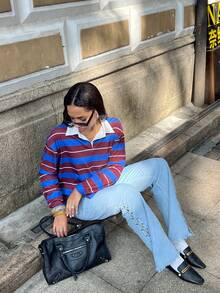 HoloChill 女士撞色领条纹休闲长袖套头针织衫，夏季休闲款，春夏新品 - 棕色 - 查看 3