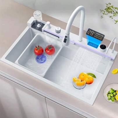 Lavello a cascata multifunzionale in acciaio inox con rubinetto estraibile e accessori per lavello (75 cm x 45 cm) Oro spazzolato