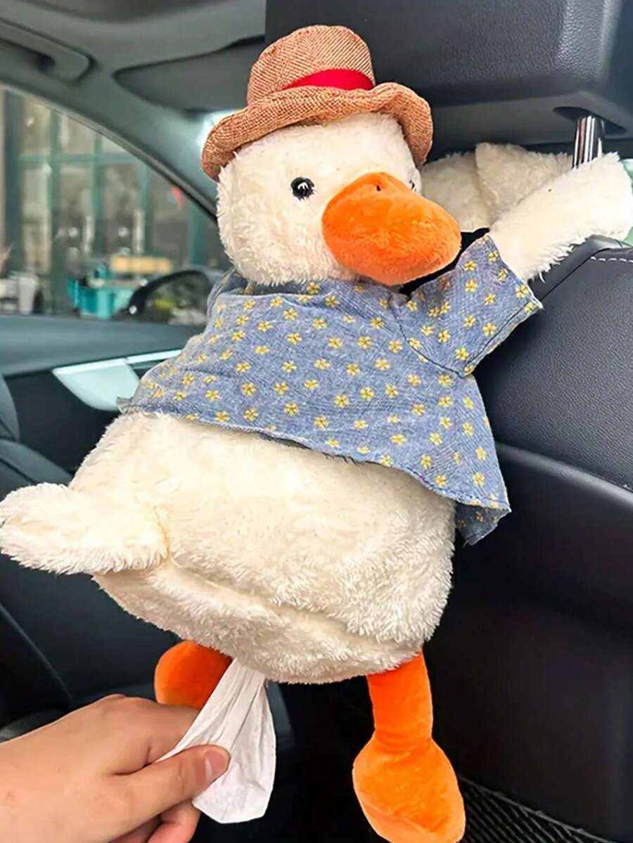 1pc Cute Duck Car Tissue Box, Adorable Hanging Car Tissue Holder, Creative Car Decor Accessory - White - View 1
