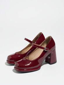 Women's Pointed Toe Chunky Heel Suede Pumps With Back Strap, Breathable Closed Toe High Heel Slingbacks For Summer - Burgundy - View 5