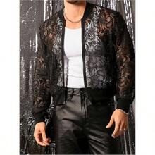 - Chaquetas bombarderos de encaje floral transparente para hombre, manga larga, abrigos transparentes con cierre - M + negro (malla negra) - Ver 4