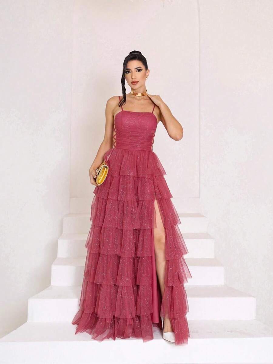 Long Party Dress For Weddings, Bridesmaids, Graduates, Classic Tulle With Glitter. - Mawar Kayu Manis - View 1