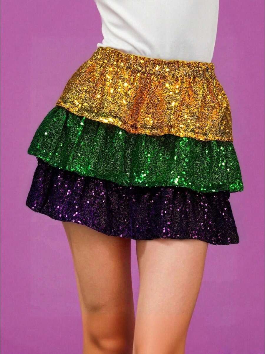 Women  Gras Sequin Mini Skirts Ruffled Sparkly Colorful Short Skirts High Waist Shiny Glitter Carnival Skirt Purple - 黃色 - 查看 1