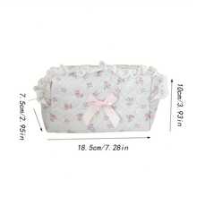 【可爱化妆包】粉色荷叶边涤纶化妆包，女士适用 | 甜美花卉图案，配蝴蝶结丝带，便携式旅行收纳包，可装日常必需品，可爱化妆包，日韩风格，外观精美，意想不到的小礼物，派对用品，情人节礼物，派对礼品 - 彩色 - 查看 3