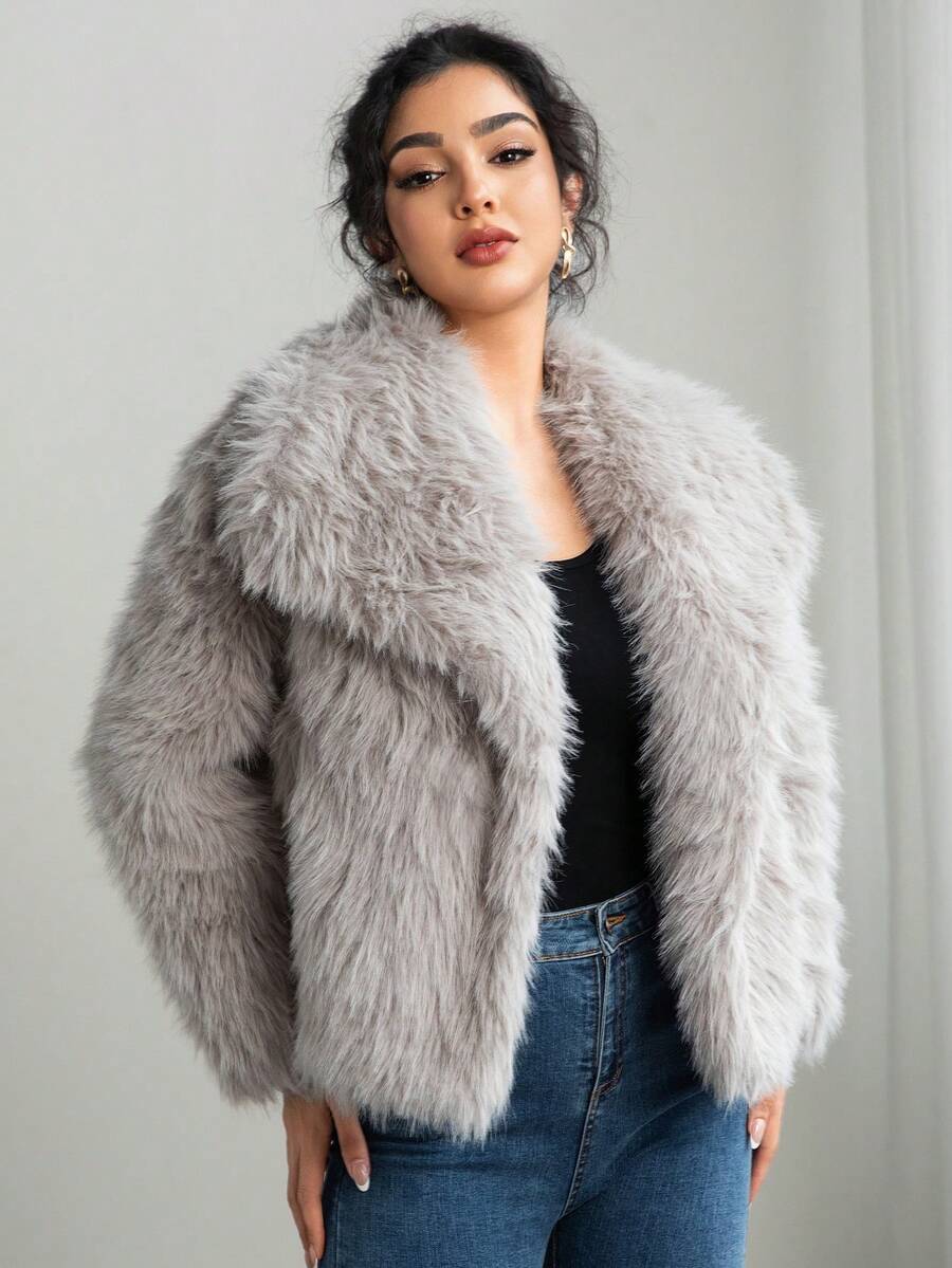 Chaqueta de manga larga de piel sintética esponjosa y cálida para otoño/invierno - Gris Claro - Ver 1