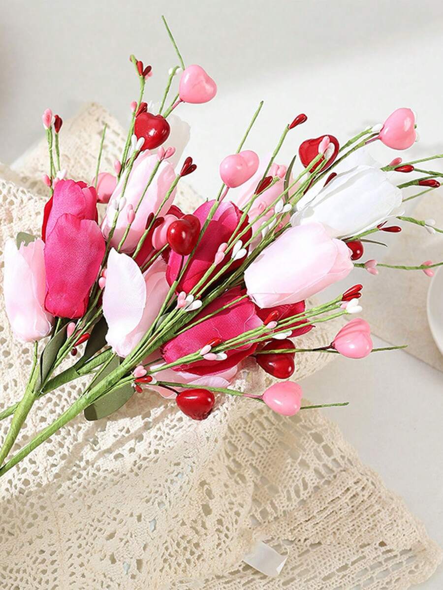 15pcs/3 Branches Realistic Artificial Flower Branch With Berries & Foliage - Handmade-Looking Heart Berry Stems Suitable For Valentine's Day Decorations, Wedding Centerpieces, Table Decor - Plastic For DIY, Party, Home Decor - Multicolor - View 1