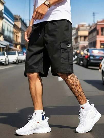 男士休闲多口袋工装短裤，宽松修身街头风，可调节抽绳腰带，适合日常穿着、健身、跑步、户外活动，黑色夏季款
