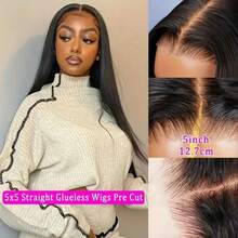 Glueless Wigs Human Hair Pre Plucked Pre Cut 5x5 HD Lace Closure Wigs Human Hair Glueless Put On And Go 200% Density Straight Lace Front Wigs Human Hair With Baby Hair Natural Black Halloween Season Christmas Dress Up Wig Halloween Wig