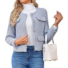 - Chaquetas de tweed para mujer, estilo casual, de manga larga, con botones, para negocios, pantalones cortos informales - M + Azul/claro - Ver 1