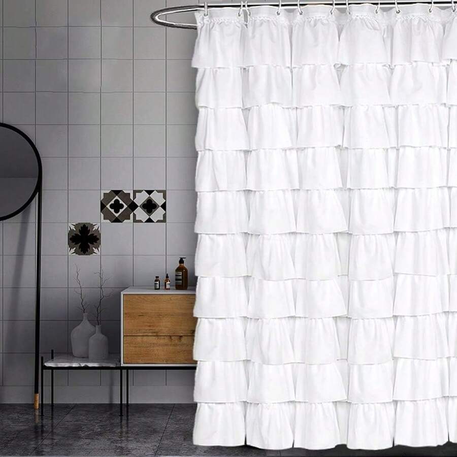 White Ruffle Shower Curtain 70 Inch Long Fabric Bathroom Decor - 白色 - 查看 1