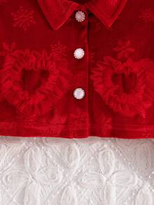 Set de 2 piezas, regalo de fiesta de cumpleaños para niñas: Chaqueta con bordado 3D en forma de corazón y falda vestido de malla irregular con corbata de lazo a rayas - Rojo - Ver 6