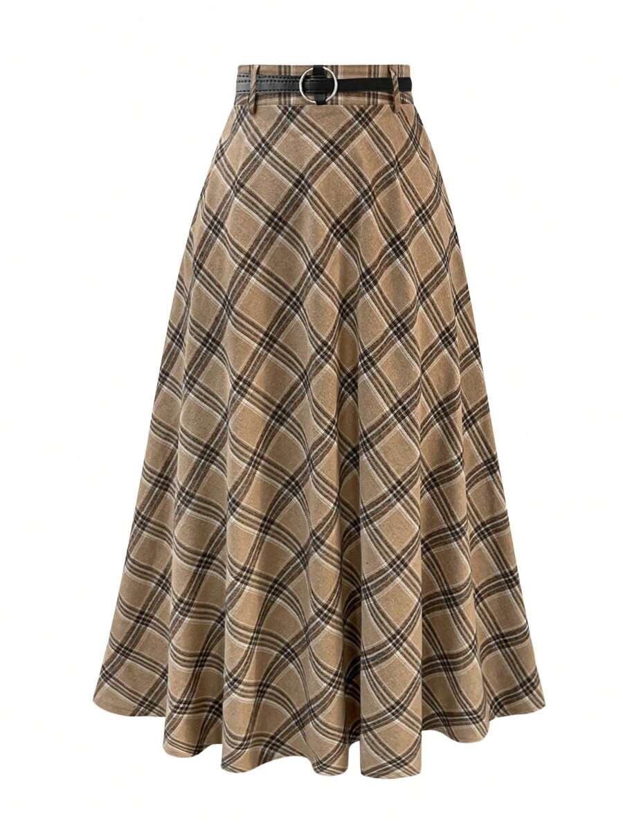 Women's High Waist Plaid Casual/Office Midi Skirt - Khaki - View 1