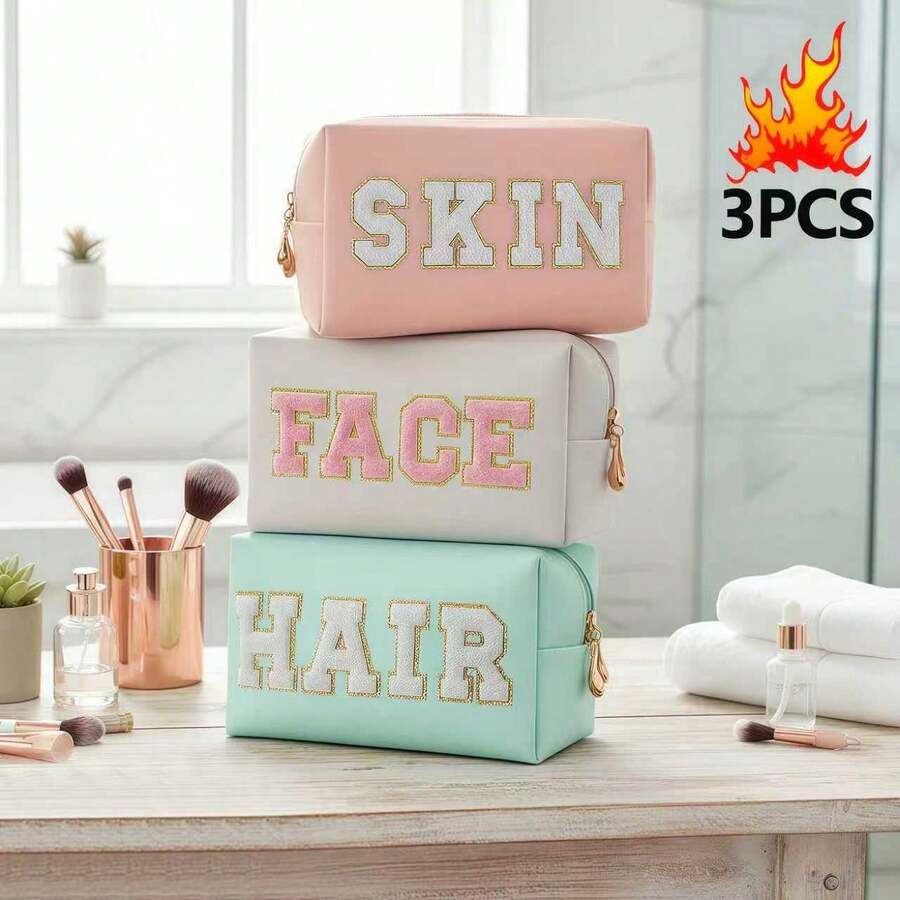 3PCS Set Waterproof Cute Women Teen Girls Preppy FACE HAIR SKIN Chenille Letter Patches Makeup Bag Travel Cosmetic Pouch Skincare Face Cosmetic Bag Toiletry Bag Hair Products Stuff Pouch Makeup Travel Toiletry Organizer Essentials Gifts Storage Zipper Accessories Nail Bags, Makeup Bag, Vanity, Make Up Bag, Storage, Makeup Bags, Toiletry Bag , Ladies' Travel Grooming Bag, Chenille Letter Cosmetic Bag, PU Leather Waterproof Bag, Cute Zipper Storage Bag, Suitable For Skin, Hair And Facial Care Bags, Travel Storage Overnight Bag, Large Capacity Convenient Business Travel Bag Bathroom Bathing Beauty And Health Convenient Small Fragrance Makeup Bag. Unique Travel Makeup Bag, Cosmetics Storage Bag, Compartment With Removable Makeup Brush, Internal Double-Sided Transparent Storage Compartment, Portable Toilet Bag, Large Capacity Storage, Multi-Functional Beauty Storage Bag, Bathroom Toilet Bag, - 彩色 - 查看 1