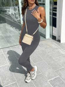 EARO Women's New Fashion Jumpsuit, Casual Splice, Sleeveless, High Elastic, Slim Fit, High Waist Sports Pants, Well Fit - 深灰色 - 查看 3