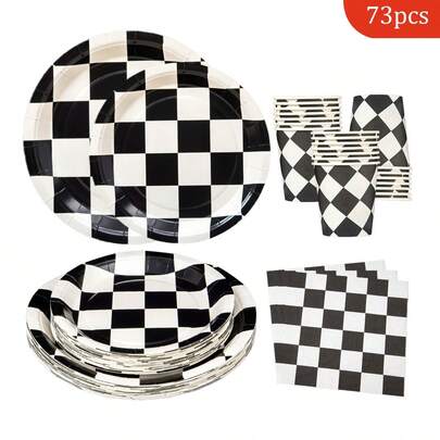 Black & White Checkered Disposable Plates, Napkins, Cups - Party Supplies For 16 Guests, Suitable For Birthday, Wedding, Party, Family Picnic