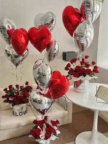 17 Peças Grandes Balões de Folha em Forma de Coração de 18 Polegadas Vermelho e Prata, Perfeitos para Festas de Aniversário, Festas de Casamento, Decorações de Formatura, Chás de Panela/Decorações de Feriados, Decorações do Dia dos Namorados, Presentes de Ano Novo e Outras Decorações de Presentes.