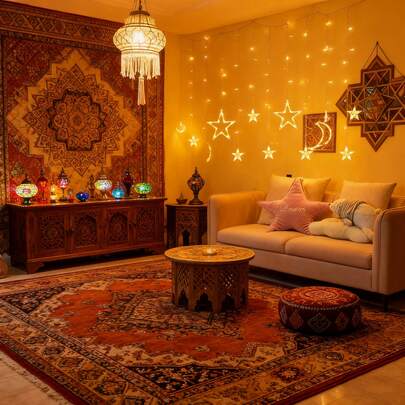 1 قطعة إضاءة خيوط نجوم وقمر LED، إضاءة خيوط نجوم وقمر LED دافئة وملونة، إضاءة فيري تعمل ببطارية لرمضان والمنزل والغرفة والصالة والجدران والأعراس وأعياد الميلاد والحفلات والتجمعات العائلية، ديكور رمضان - بدون بطاريات، ديكور القمر