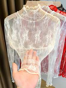 Camiseta de encaje de cuello alto y peso ligero para mujer de talla grande, nueva capa base con volantes y malla, primavera y otoño 2025 - Albaricoque - Ver 1