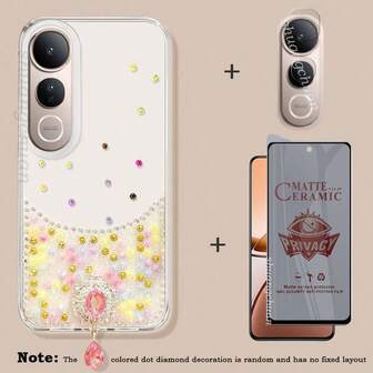 3-In-1 Screen Protector, Privacy Filter, Soft Film, Tempered Glass Film, Lens Film For VIVO V50 Lite, Colorful Rhinestone IMD Phone Case For VIVO V50 Lite