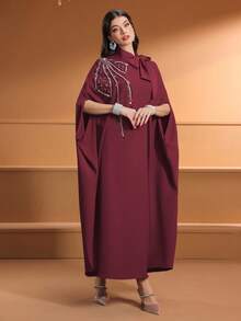 Solessence Elegant Maroon Woven Abaya With Tie Neck And Beaded Embroidery Half Batwing Sleeves Long Dress - Red - View 10