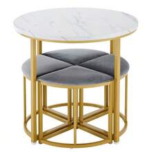 Dining Table And Chair Set, With MDF Tabletop And Gold Iron Frame, Velvet Chairs, Modern And Luxurious Style, Grey - White + Gray - View 7