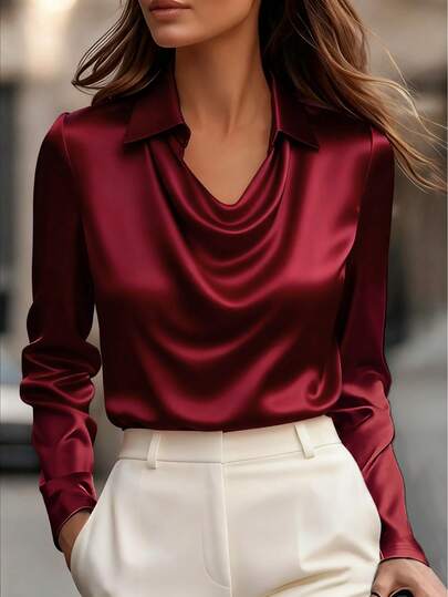 Elegant Satin V - Neck Shirt - Stylish Long - Sleeve Blouse For Women, Suitable For Casual & Sophisticated Office Commute Silk Fabric Fall Shirt