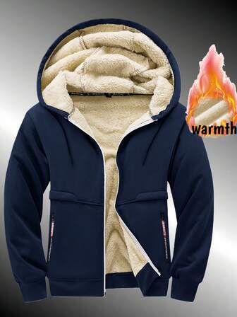 1pc Men's Thermal Lined Thicken Hoodie Jacket, Casual Sherpa Lined Warm Jacket