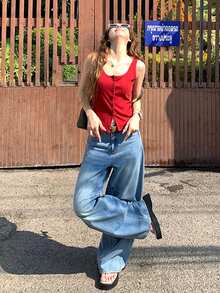 2025 夏季新款 V 领无袖短款吊带背心，适合女孩，百搭百搭 - 紅色 - 查看 5