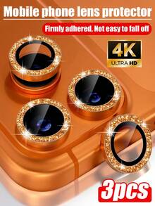 3 piezas Protector de lente de cámara de vidrio templado naranja con purpurina para iPhone 17 Pro/17 Pro Max, anti-caídas, purpurina, protector de pantalla de vidrio templado 9H con anillo de metal, accesorio decorativo - Naranja - Ver 13