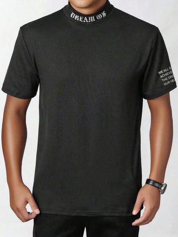 1pc Custom-Made Men's Mock Neck Short Sleeve T-Shirt, Fall