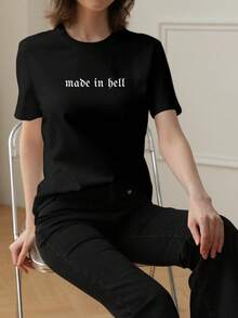 女士时尚宽松字母图案黑色休闲T恤 - 黑色 - 查看 2