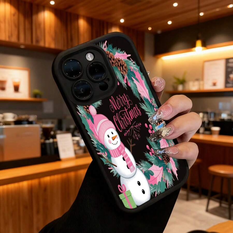 Cubierta de teléfono con diseño de muñeco de nieve negro con estampado de Navidad y texto Merry Christmas para uso diario en temporada festivaCompatible with 16 Pro Max/16 Plus/16 Pro/16/15 Pro Max/15 Plus/15 Pro/15/14 Pro Max/14 Plus/14 Pro/14/13 Pro Max/13 Pro/13/12 Pro Max/12 Pro/12/11 Pro Max/11 Pro/11/XS Max/XR/X/7 Plus/7 TPU Drop-Proof and Stain-Resistant Protective Soft Case - Café integral - Ver 1