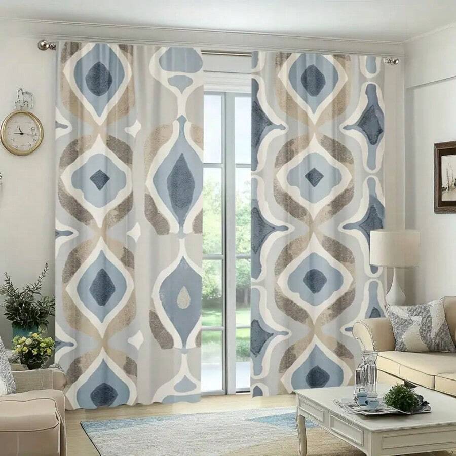 Conjunto de 2 Cortinas Boêmias com Estampa Geométrica em Grade - Design Moderno com Bolsa para Varão, Padrões em Azul e Bege, Perfeitas para Decoração de Quarto, Sala de Estar ou Escritório, Fibra de Poliéster, Laváveis à Máquina, Cortinas Versáteis para Sala de Estar - Multicolorido - Ver 1