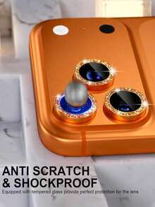 3 piezas Protector de lente de cámara de vidrio templado naranja con purpurina para iPhone 17 Pro/17 Pro Max, anti-caídas, purpurina, protector de pantalla de vidrio templado 9H con anillo de metal, accesorio decorativo - Naranja - Ver 2