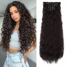 Clip In Hair Extensions,6PCS Hair Extensions Long Mermaid Waves Wavy Synthetic Clip On Hairpiece For Women 24 Inch (Black Brown),BlackBrown - Blackbrown - View 2