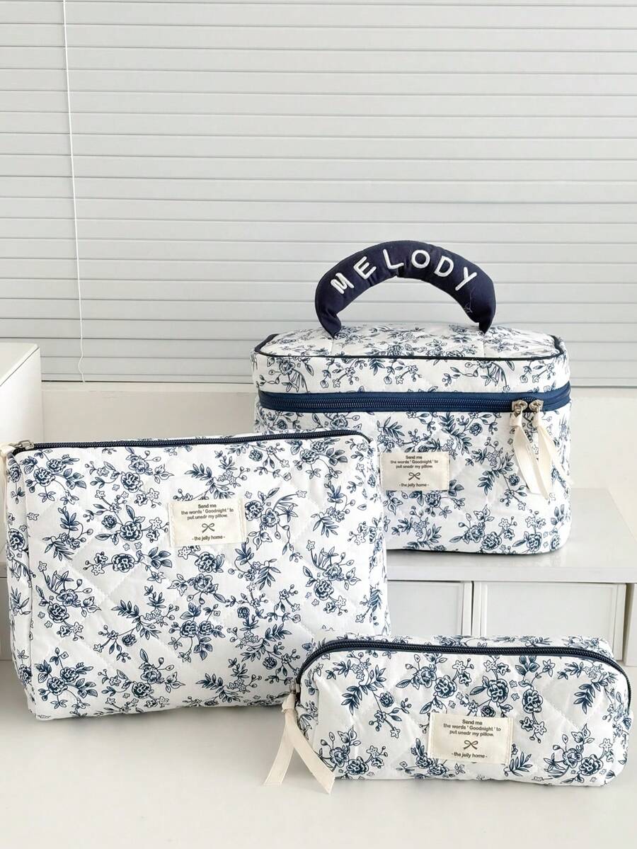 Soft Fabric Quilted Chinoiserie Floral Print Cosmetic Bag, Large Capacity Zipper Makeup Pouch, Suitable For Daily Use Or Travel To Store Small Items, Handheld Toiletry Bag, Daily Makeup Accessories, Portable Storage Bag, Fashionable And Beautiful Ladies Bag - Multicolor - View 1
